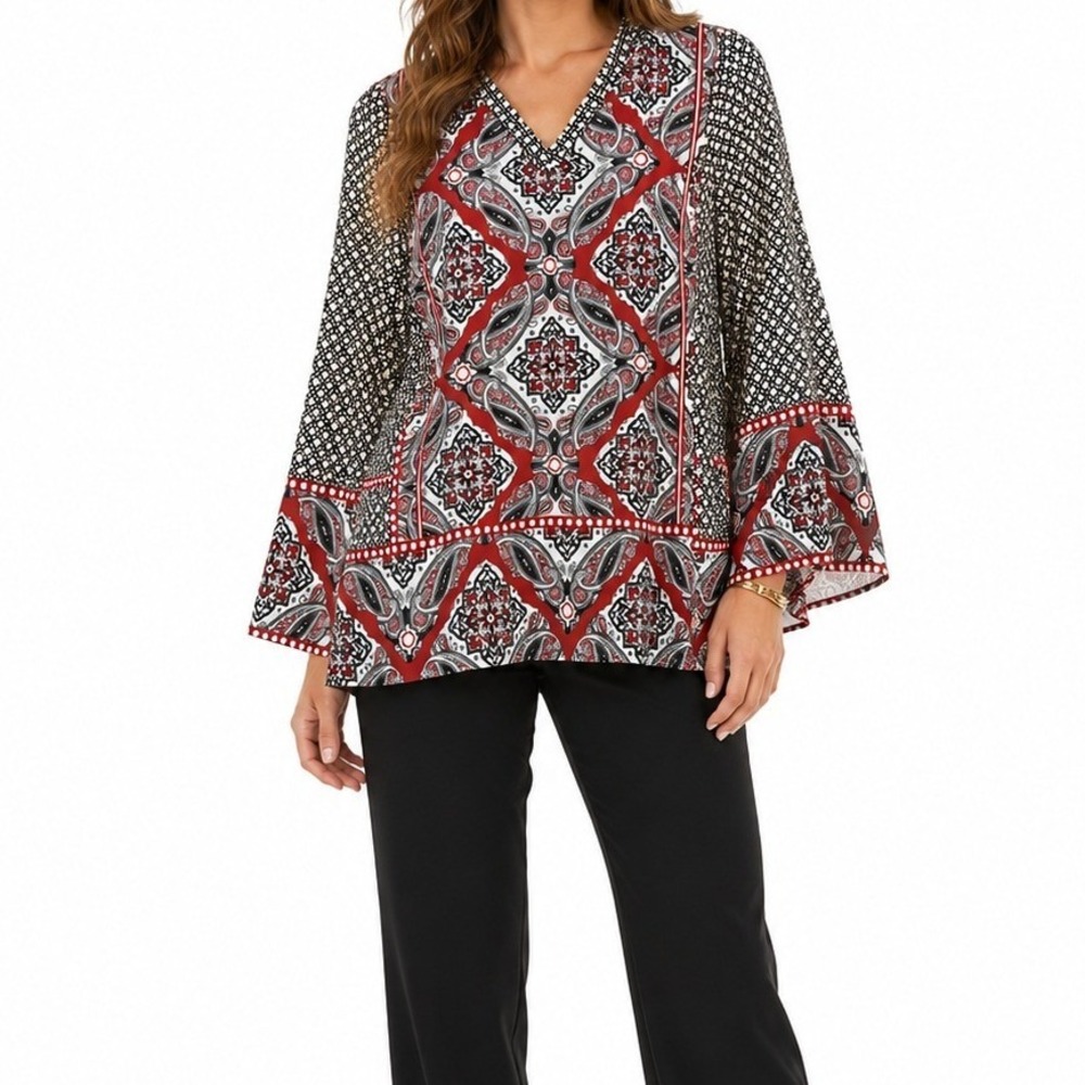 Belle Boho Kim Gravel Blouse Women Small Red Paisley V-Neck Bell Sleeve Casual